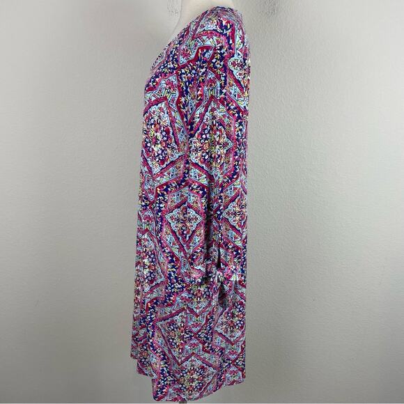 Chico's PInk Blue Multi Color Geometric Floral Stretch Knit Shift Dress 2 - Picture 6 of 9